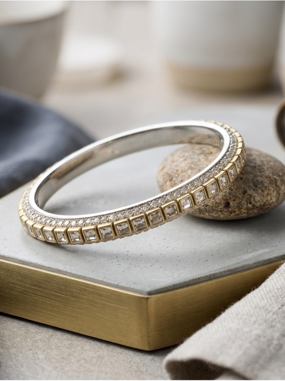 Vintage Two-Tone Crystal Bangle Bracelet - Gold and Silver